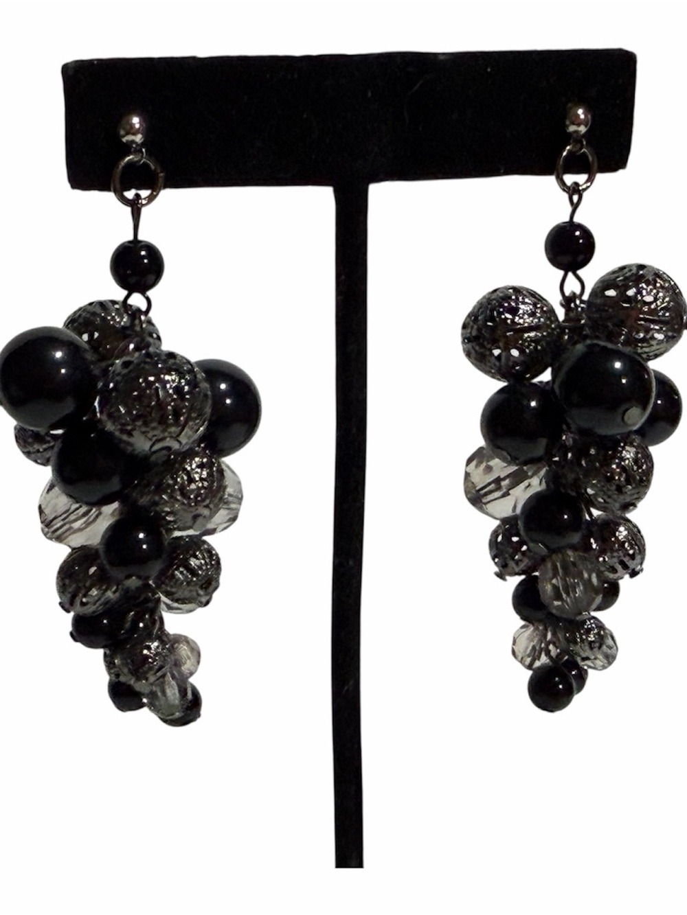 Beaded Cluster Dangle Earrings Cha Cha Black Clear Gunmetal Whimsigoth